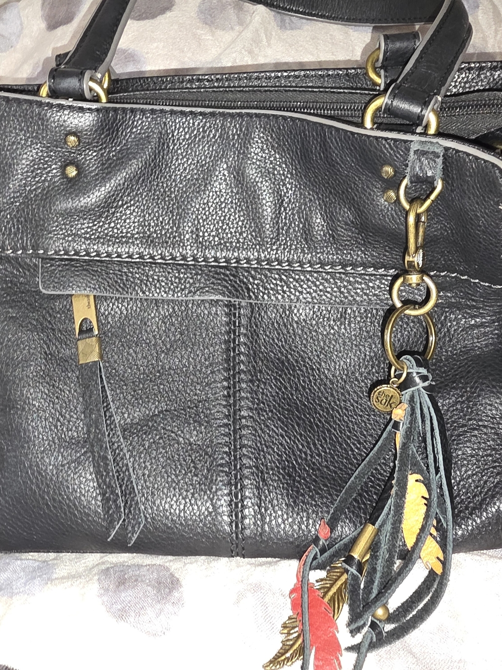 Black Leather Women’s Tote Bag with Feather Tassel